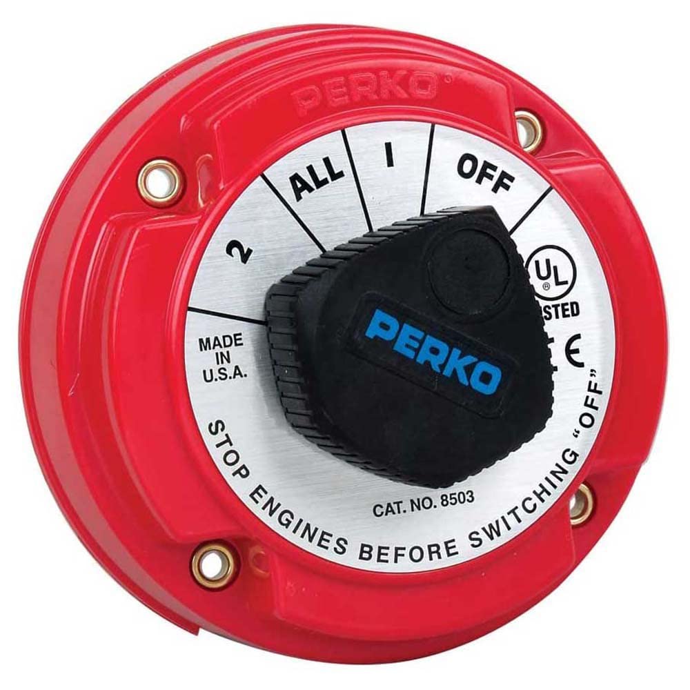 Perko 8503DP front panel view showing knob and terminals for reliable battery control