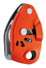 Petzl NEOX front view in orange showing compact assisted belay device and quick rope feed benefit