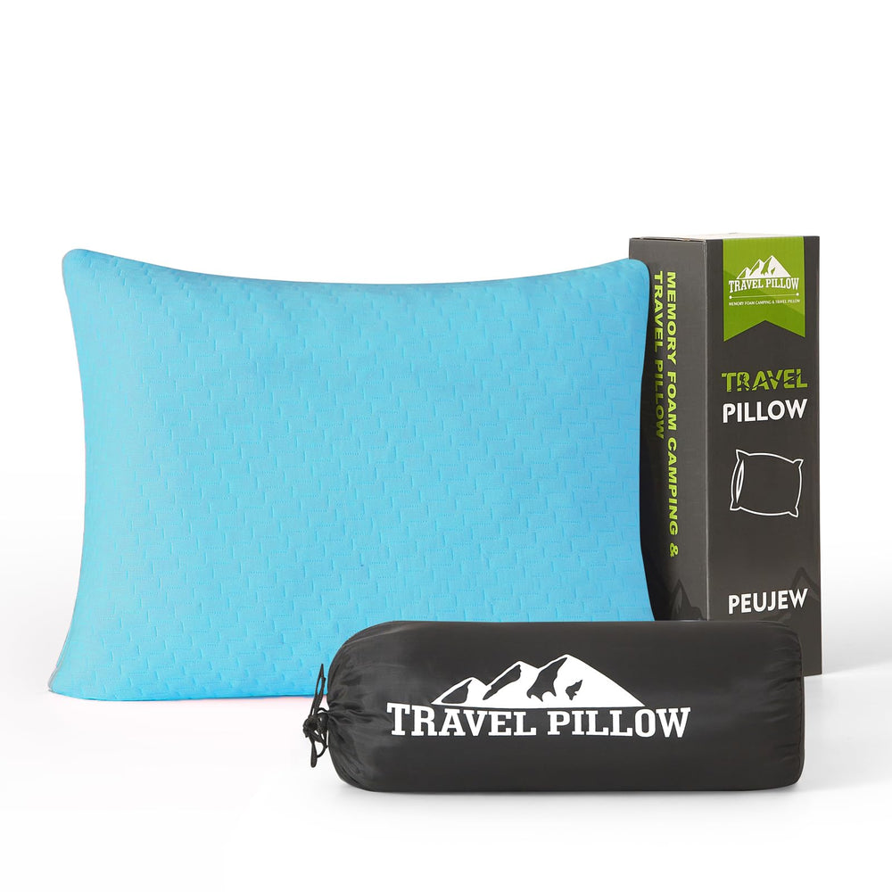 PEUJEW front view sky blue pillow showing compact shape and color benefit