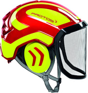 Pfanner Protos front view in red and yellow showing full-face coverage and improved visibility
