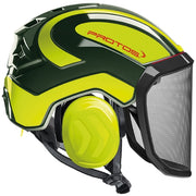 Pfanner Protos helmet front view showing olive and yellow shell for clear visibility