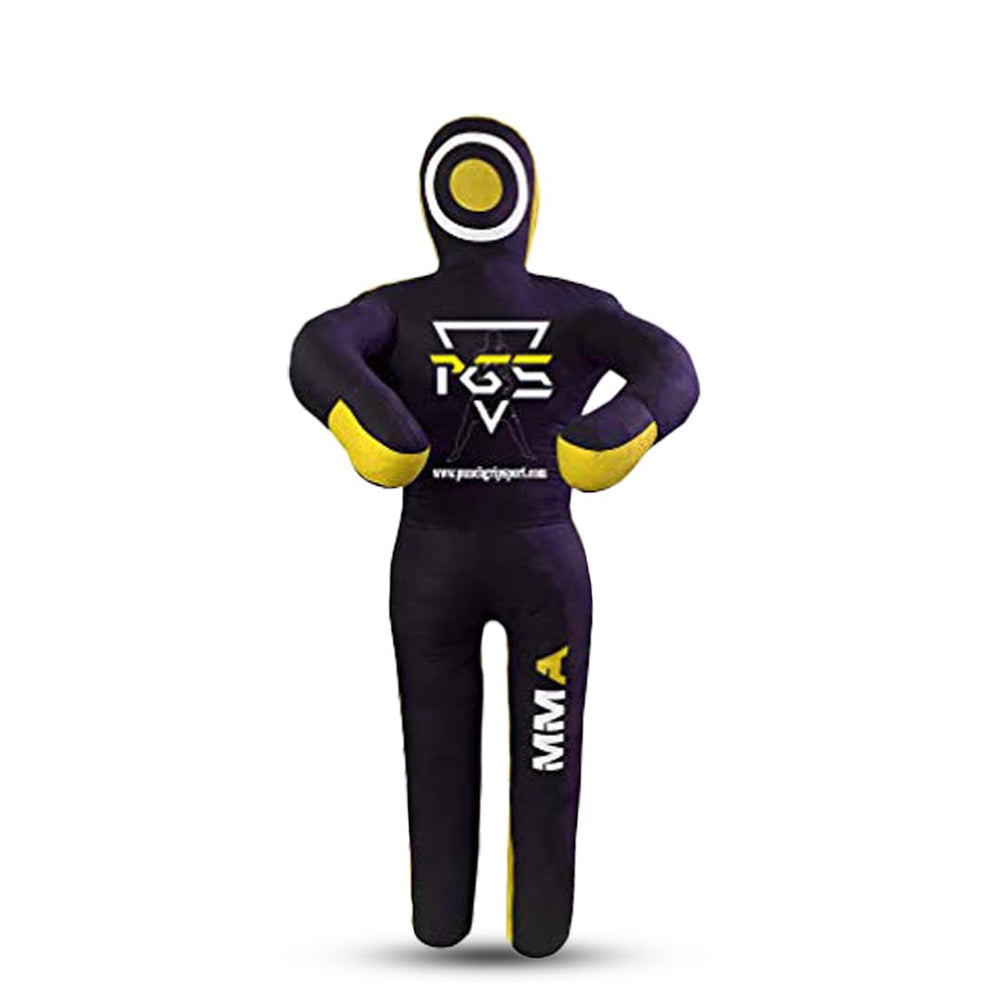 PGS grappling dummy front view showing full black yellow body and proportions for training