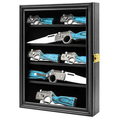 PiaoHao front view of black knife display case showing locked acrylic door and sleek finish