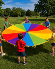 Play Platoon front view multicolor parachute showing bright canopy and handles for group play