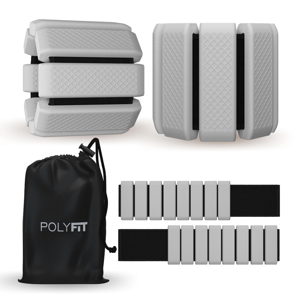Polyfit front view of cool grey wearable weights showing sleek design and easy storage benefit