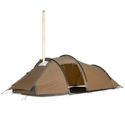POMOLY tent front profile showing tunnel shape and weatherproof benefit