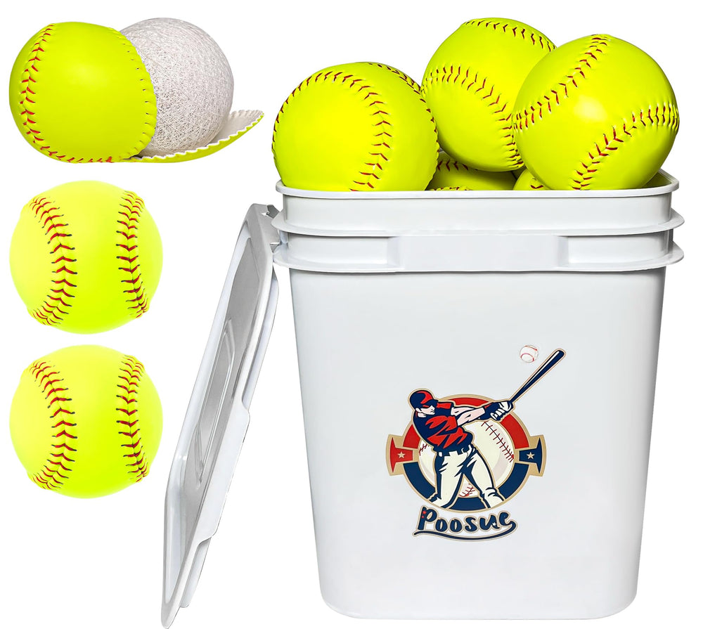 Poosue front of bucket showing 13 yellow practice softballs and portability benefit