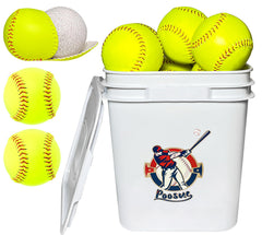 Poosue front of bucket showing 13 yellow practice softballs and portability benefit