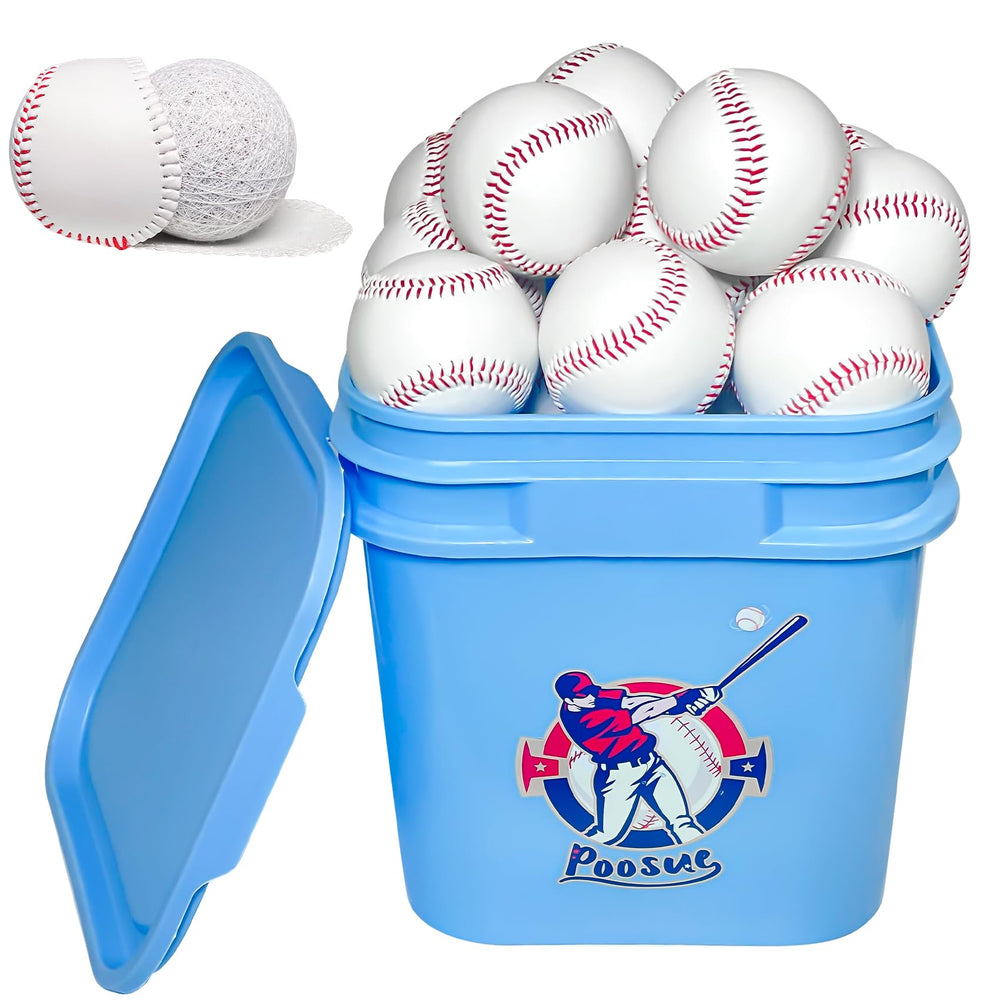 Poosue front pack bucket showing 24 practice baseballs and easy transport benefit