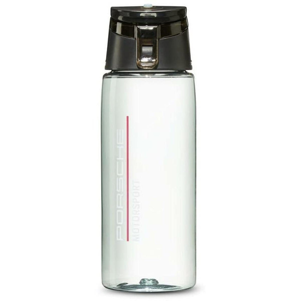 Porsche Motorsport water bottle front view showing sleek smokey finish and 600 ml capacity benefit