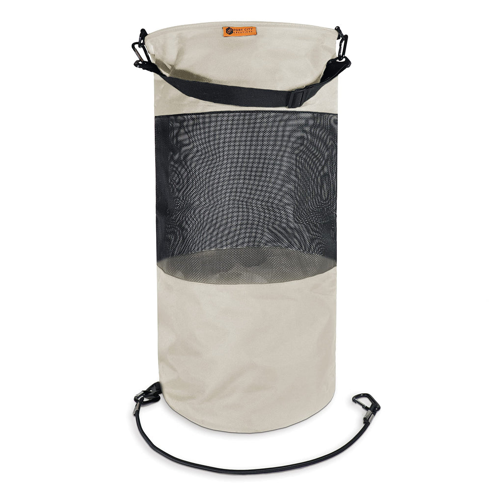 Port City Creations front view beige bag showing shape and hanging strap benefit keeps deck tidy
