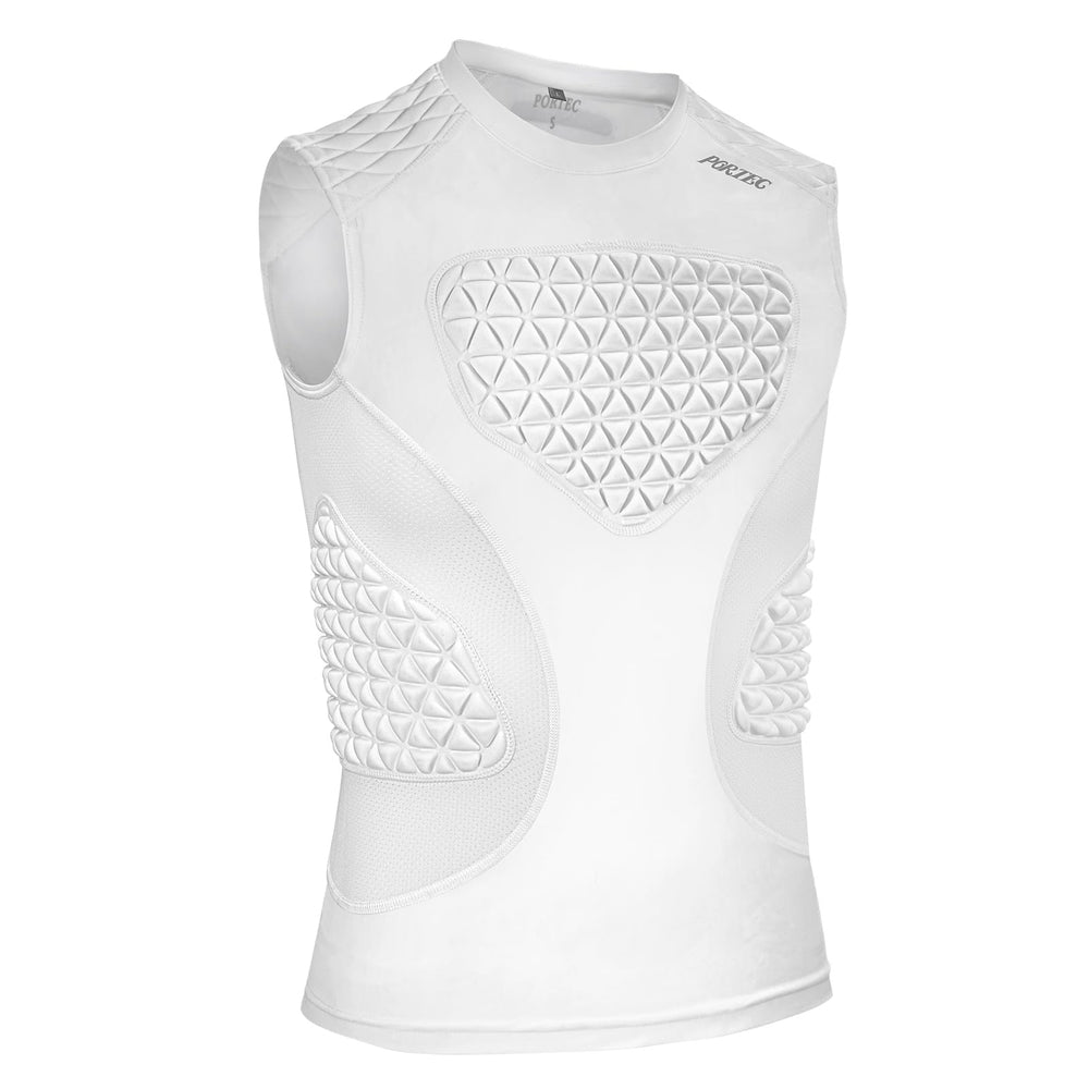 PORTEC front view of white chest protector showing protective coverage and mobility