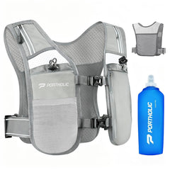 PORTHOLIC front view of grey vest showing snug fit and storage benefits