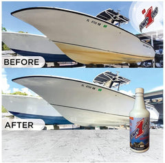 Power #1 One before and after hull comparison showing stain removal benefit