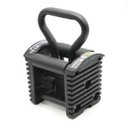 POWERBLOCK front view of kettlebell handle showing compact steel design and versatility