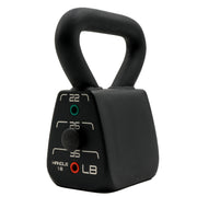 POWERBLOCK front view of adjustable kettlebell showing compact shell and weight indicators