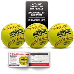 PowerNet front view of 14-inch oversized softball showing leather cover and seams for authentic feel