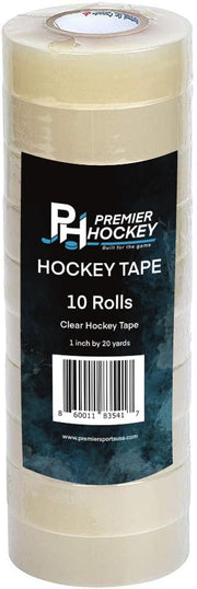 PREMIER SPORTS front packaging showing 10-pack clear hockey tape, reliable supply