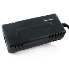 Pride Mobility charger front view showing model and safe charging
