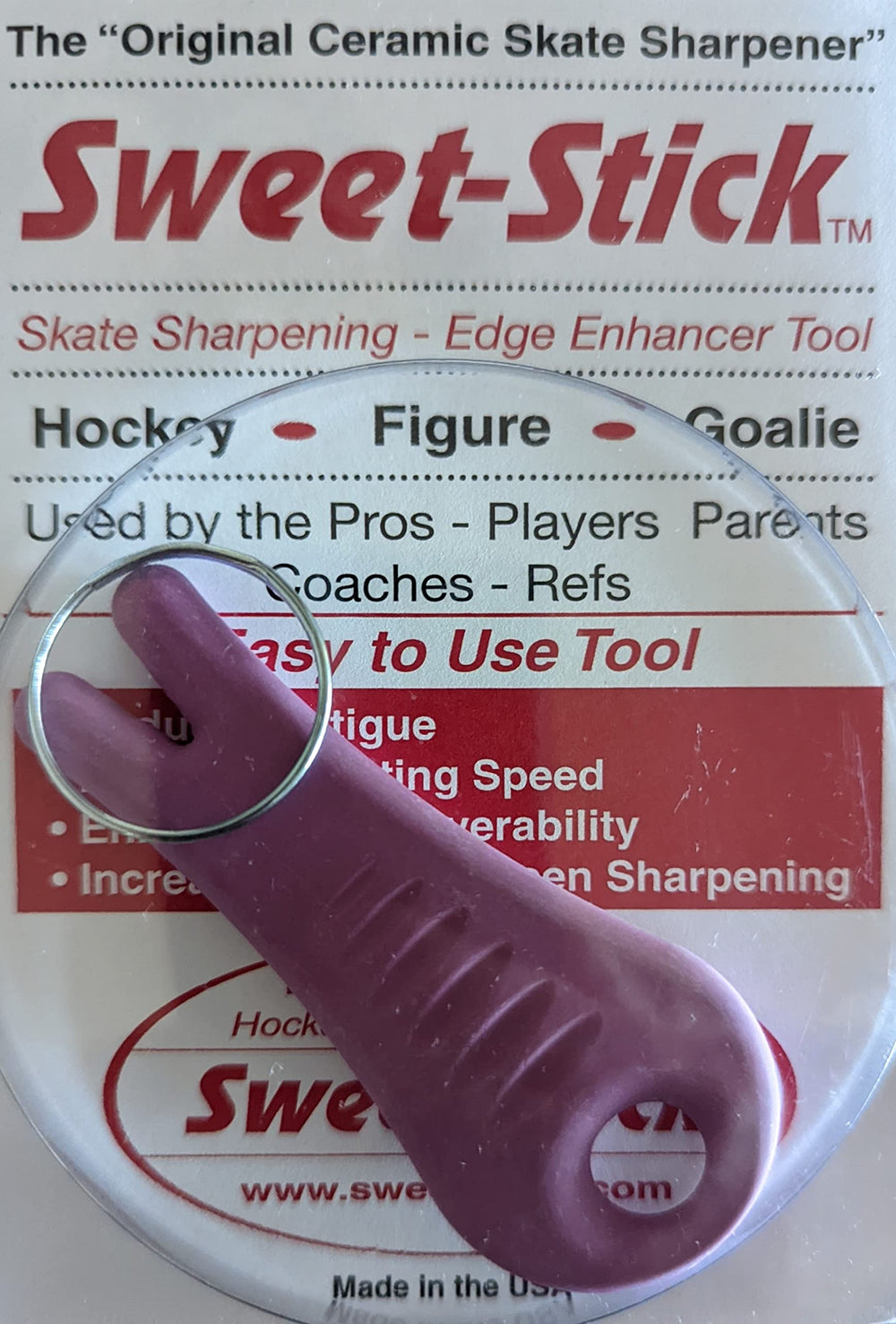 Pro Guard Sweet Stick front view showing compact sharpener and key ring for portability