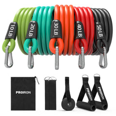PROIRON front packaging showing full five-band set and accessories benefits durability