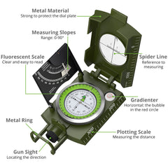 Proster clinometer closeup showing angle scale for slope and height estimates