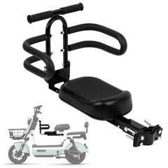 PSLER front-mounted seat on bike showing secure fit and passenger comfort