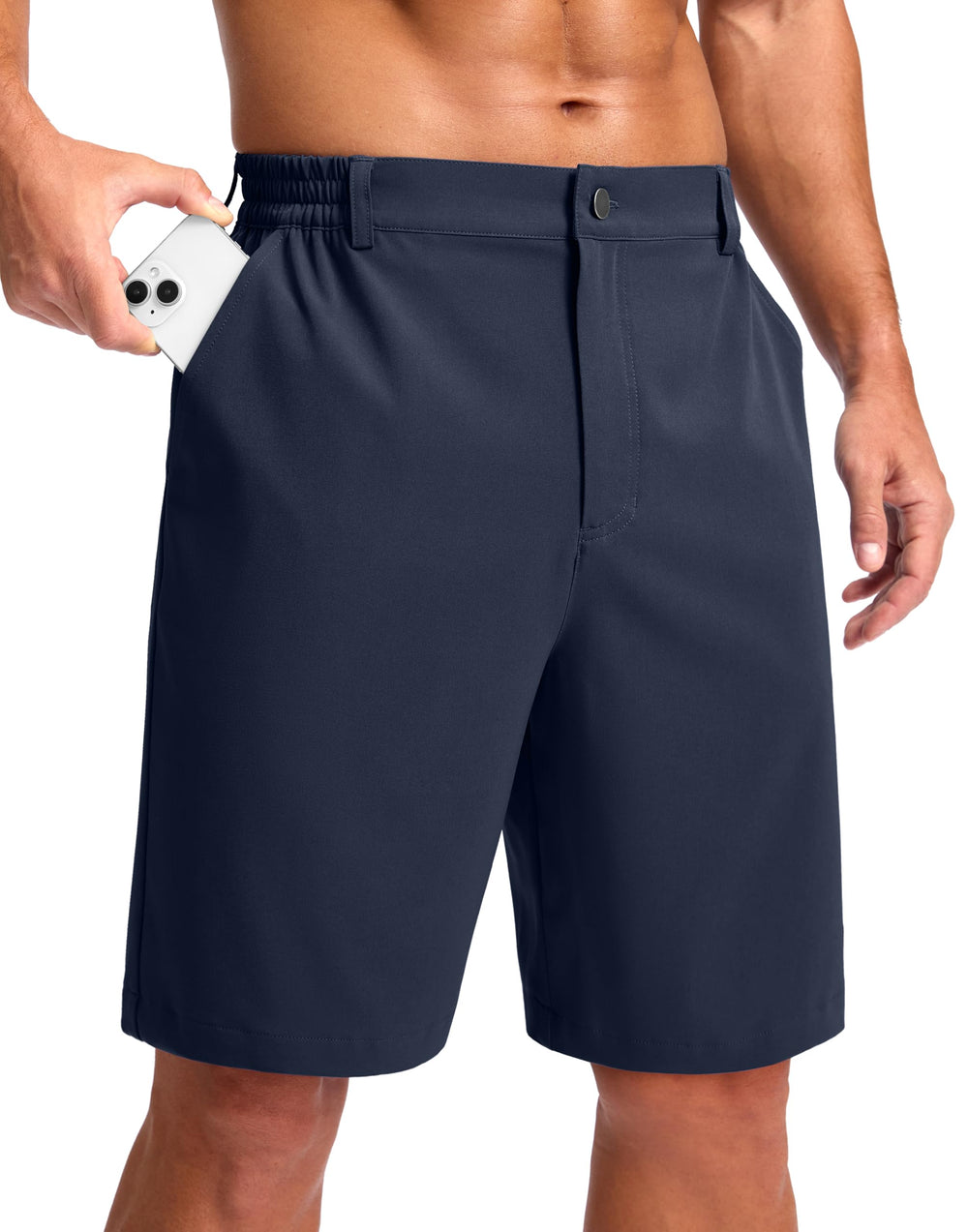 Pudolla front view navy shorts showing neat tailored look and comfort