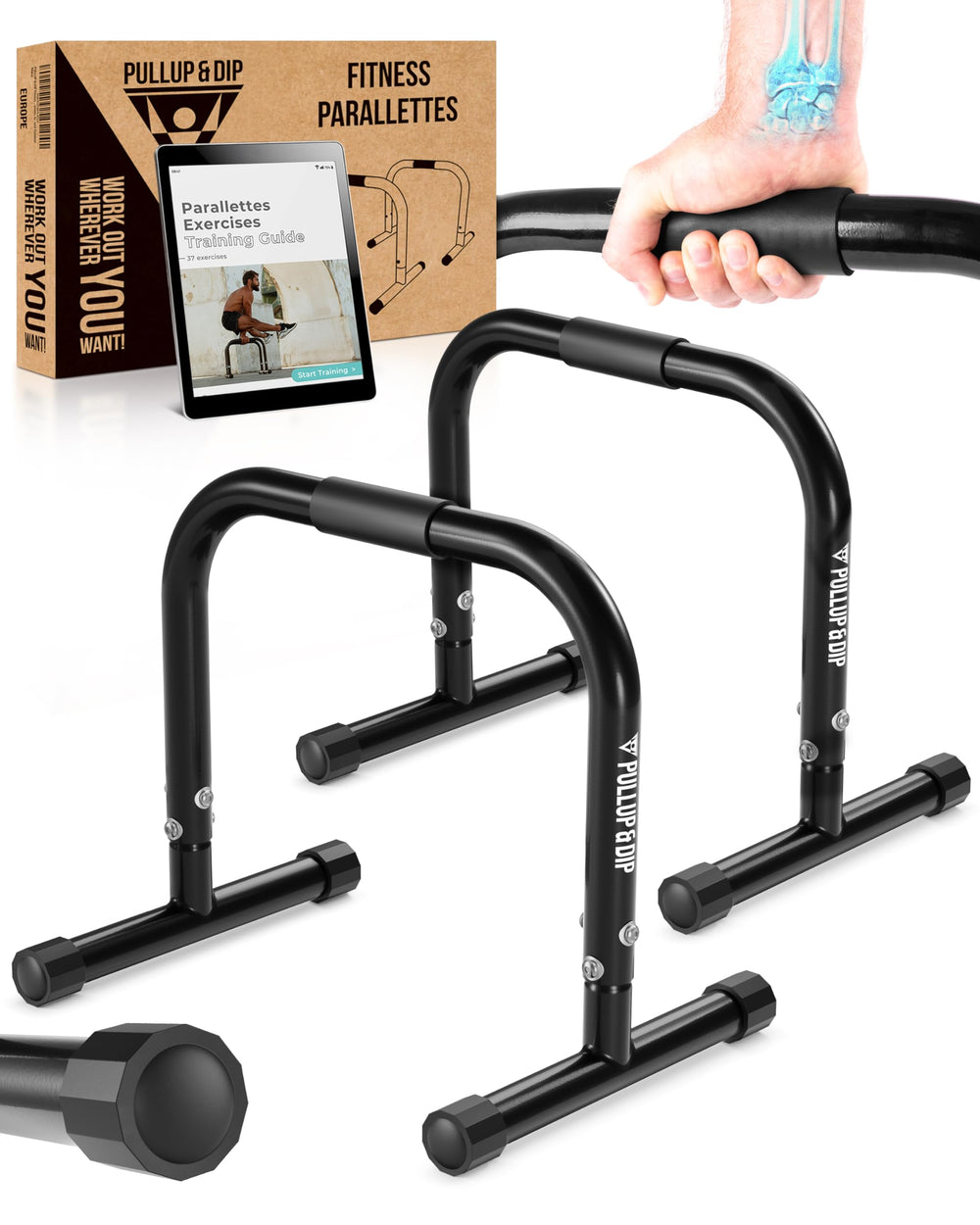 PULLUP & DIP front view showing solid steel parallettes and stable base benefit