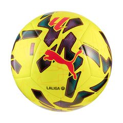PUMA Orbita LaLiga front view showing fluo yellow multicolor design and bold branding