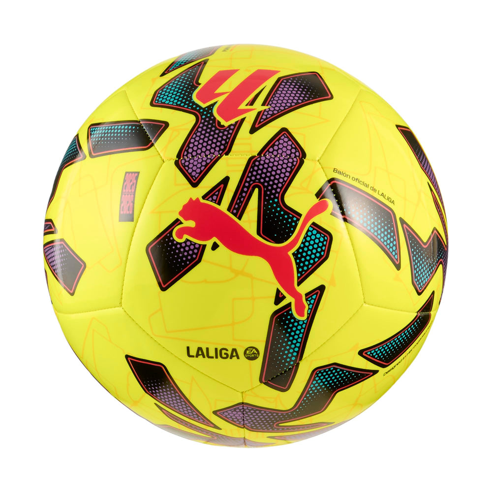 PUMA Orbita LaLiga front view showing bold fluo yellow graphics and high visibility