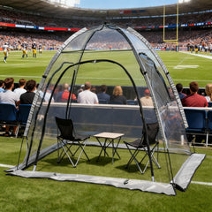 Pumbba front view of clear shelter showing waterproof protection and visibility