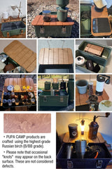PUPACAMP wooden tabletop holding kettle illustrating stable heat-resistant camping surface