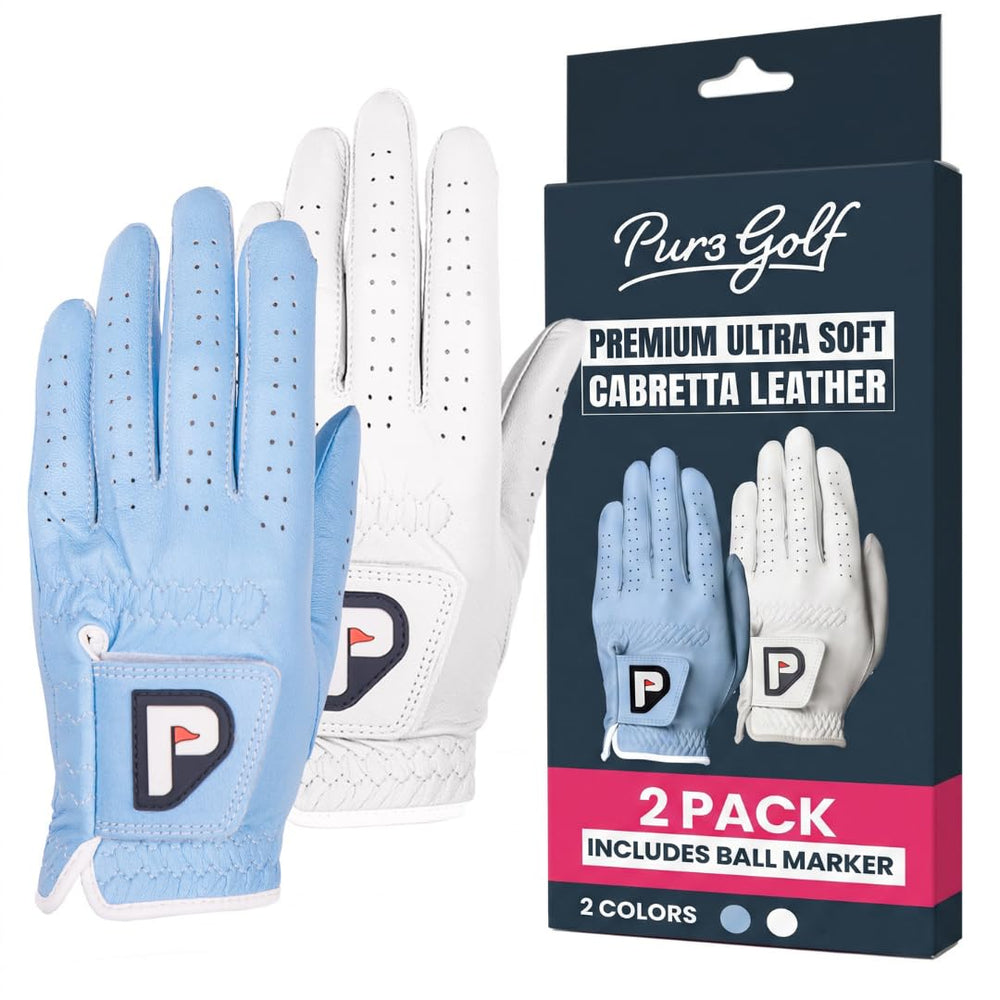 PUR3 Golf front-packaging showing two-glove 2-pack and bonus ball marker benefit