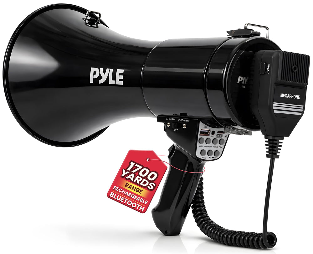 Pyle megaphone front view showing horn and ergonomic grip for powerful projection