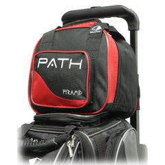 Pyramid Path Plus attached to roller-bag telescoping handle for hands-free transport