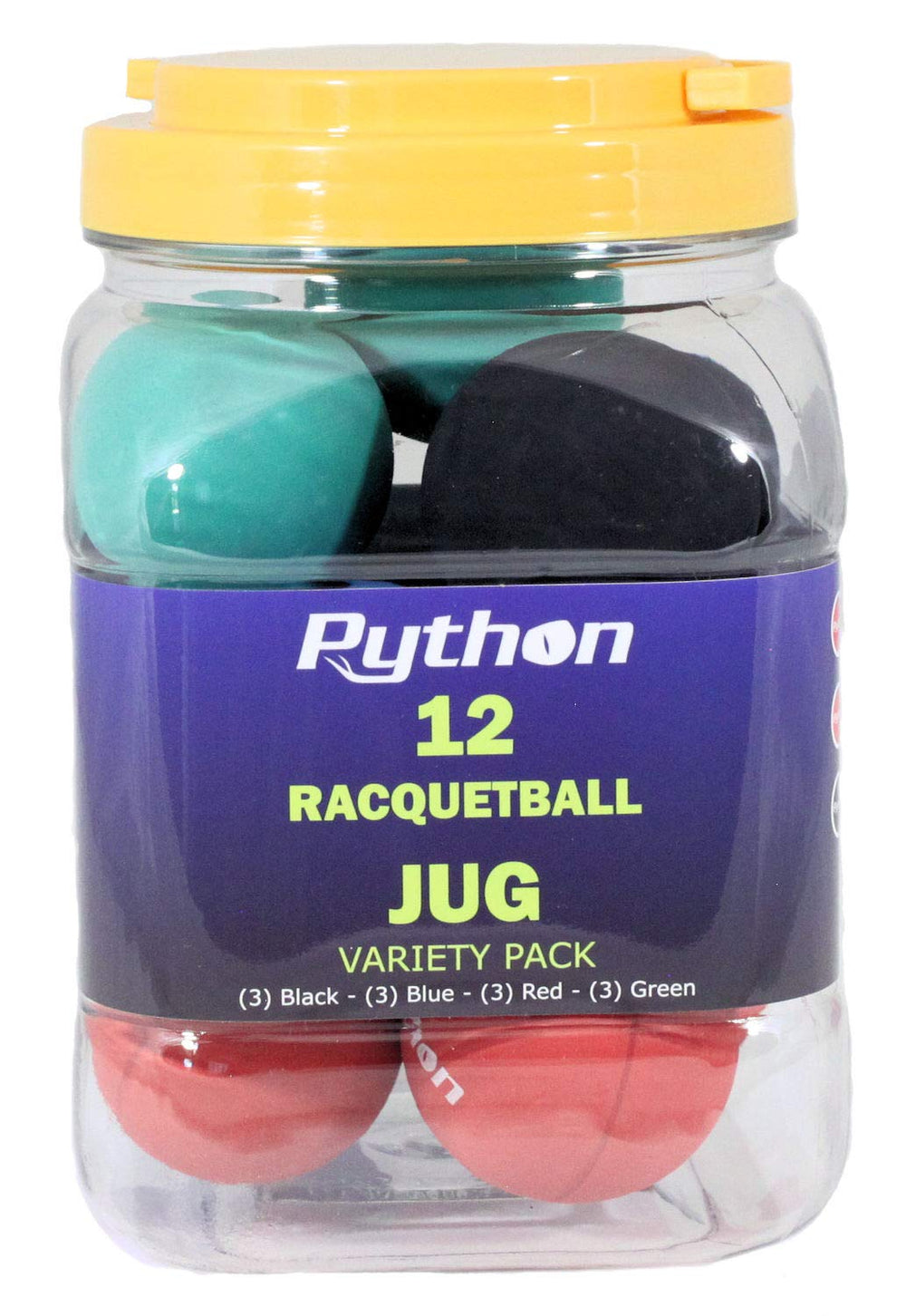 Python Racquetball jug front view showing 3 black 3 blue 3 red 3 green balls for easy selection