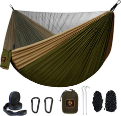 Qevooon front view of packed hammock showing compact carry bag and straps for travel convenience