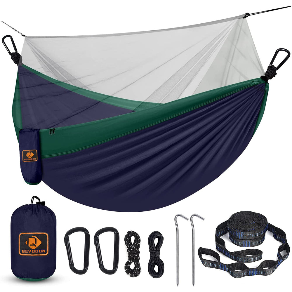 Qevooon hammock front view showing integrated mosquito net and full enclosure benefit