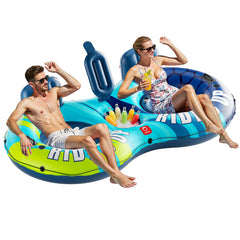 QPAU front view of blue 2-person river tube showing size and stability