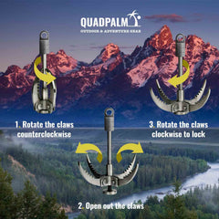 QUADPALM blue 10m rope with locking carabiners showing secure attachment use