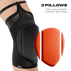 Queen Wear detailed view of adaptive knee cap for conforming comfort