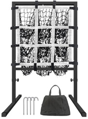 Queension front view of 9-hole pitching net showing full strike zone and frame durability