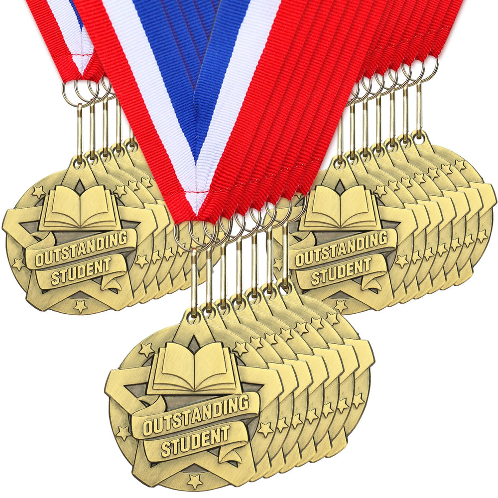 Quelay front view gold medal showing outstanding student text and proud recognition
