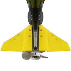 QUICKMARINER front view of yellow hydrofoil stabilizer showing aerodynamic shape and easier trimming benefit
