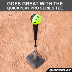 QUICKPLAY ball in a batting net illustrating safe limited-flight training benefit