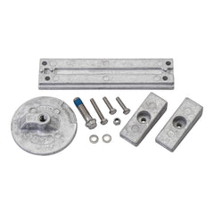 Quicksilver front view of aluminum anode kit showing included hardware and clear fit