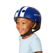 Radio Flyer helmet front view showing blue shell and secure fit benefit