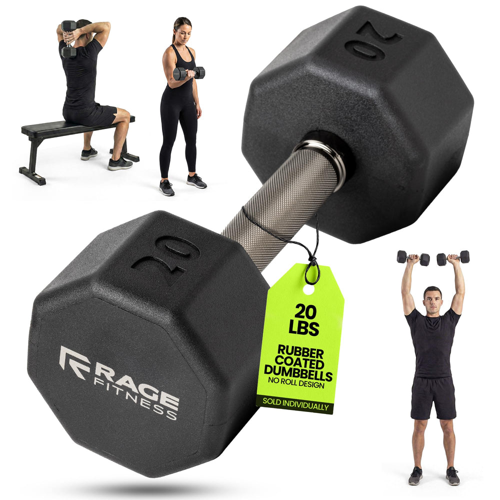 Rage Fitness 20 lb front view showing rubber-coated octagon weight and graphite handle for durable workouts