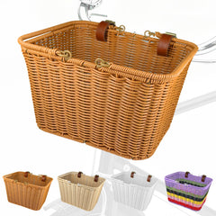 RainFlowwer front basket full view showing stylish red brown wicker and secure straps